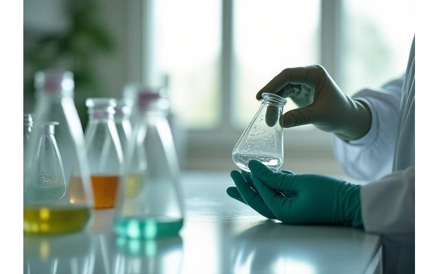 穏やかな色彩の研究所で研究者が低刺激処方の試作を行う様子